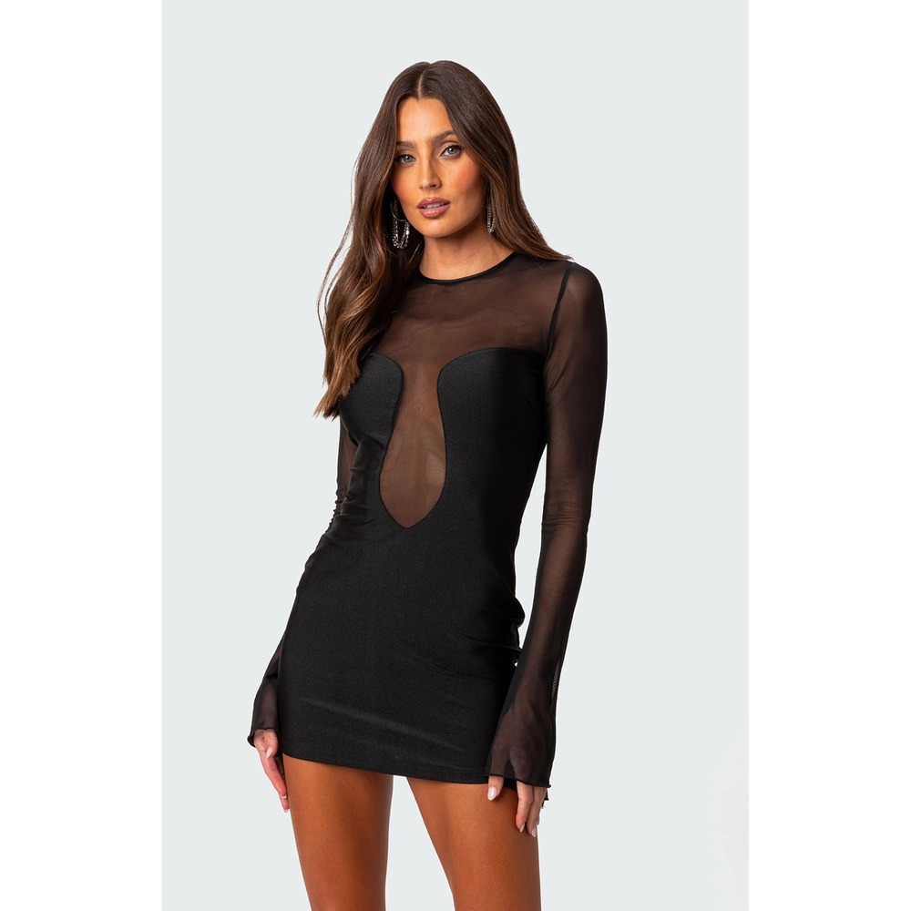 Edikted‎ Black Mesh Long Sleeve Mini Dress S15434 NWT Online Exclusive Small
